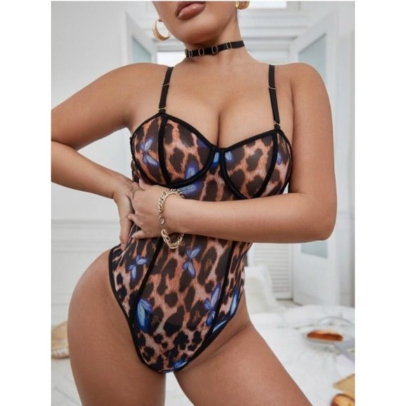 Butterfly & Leopard Print Mesh Underwire Teddy Bodysuit With Choker - Picture 6 of 6